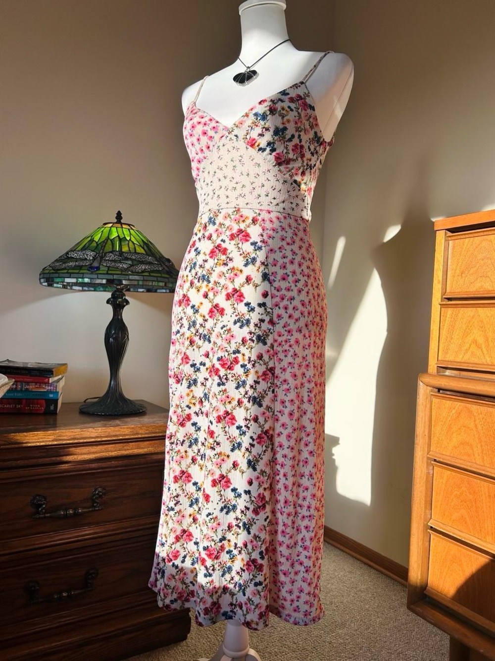 Floral Spaghetti-Strap Midi Dress in Pink and Cream